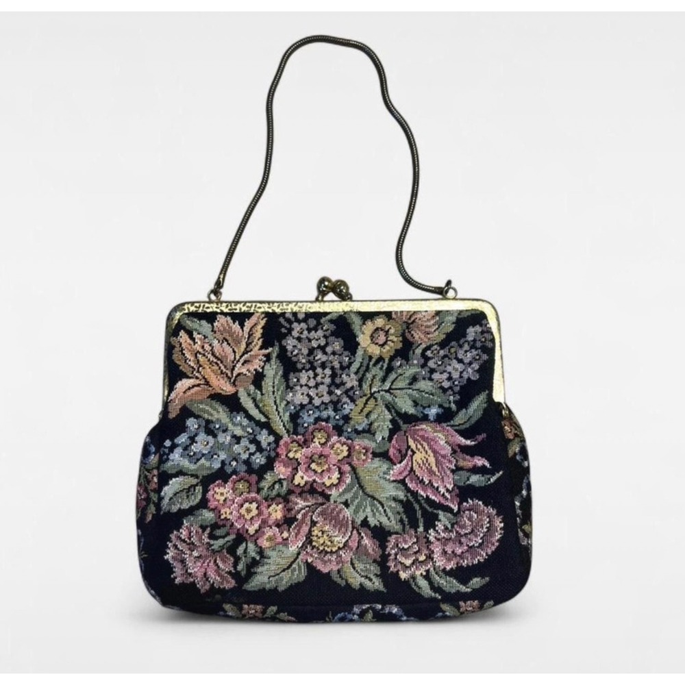 Vtg Walborg West Germany Floral Tapestry Mini Kiss Lock Evening Bag‎ Black Gold